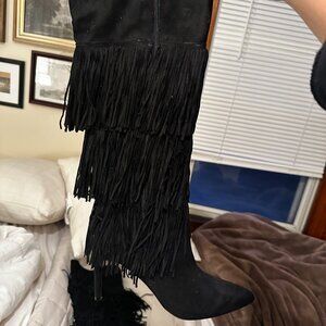 Black Fringe Heeled Boots (Vici Dolls)- 8.5